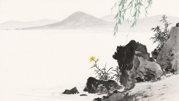 水墨山水柳树岩石插画385