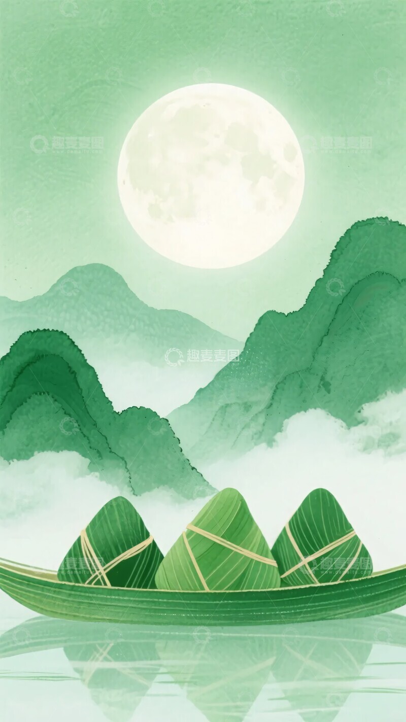 高清大图下载【趣麦麦图】-月夜江上的粽子小船插画827