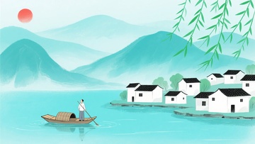 水墨风山水小船村落图景528