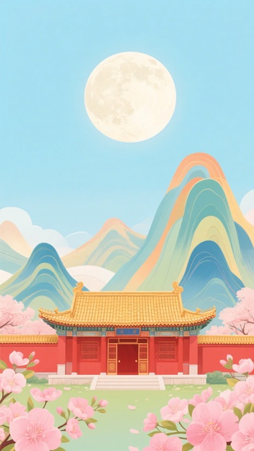 古风月下宫殿与繁花美景751