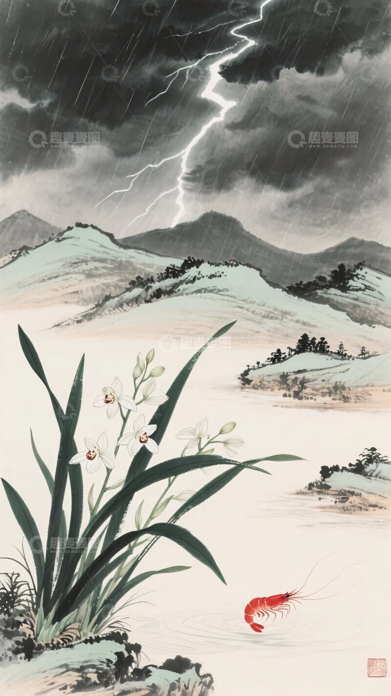 高清大图下载【趣麦麦图】-水墨风雨山水间花草虾场景923