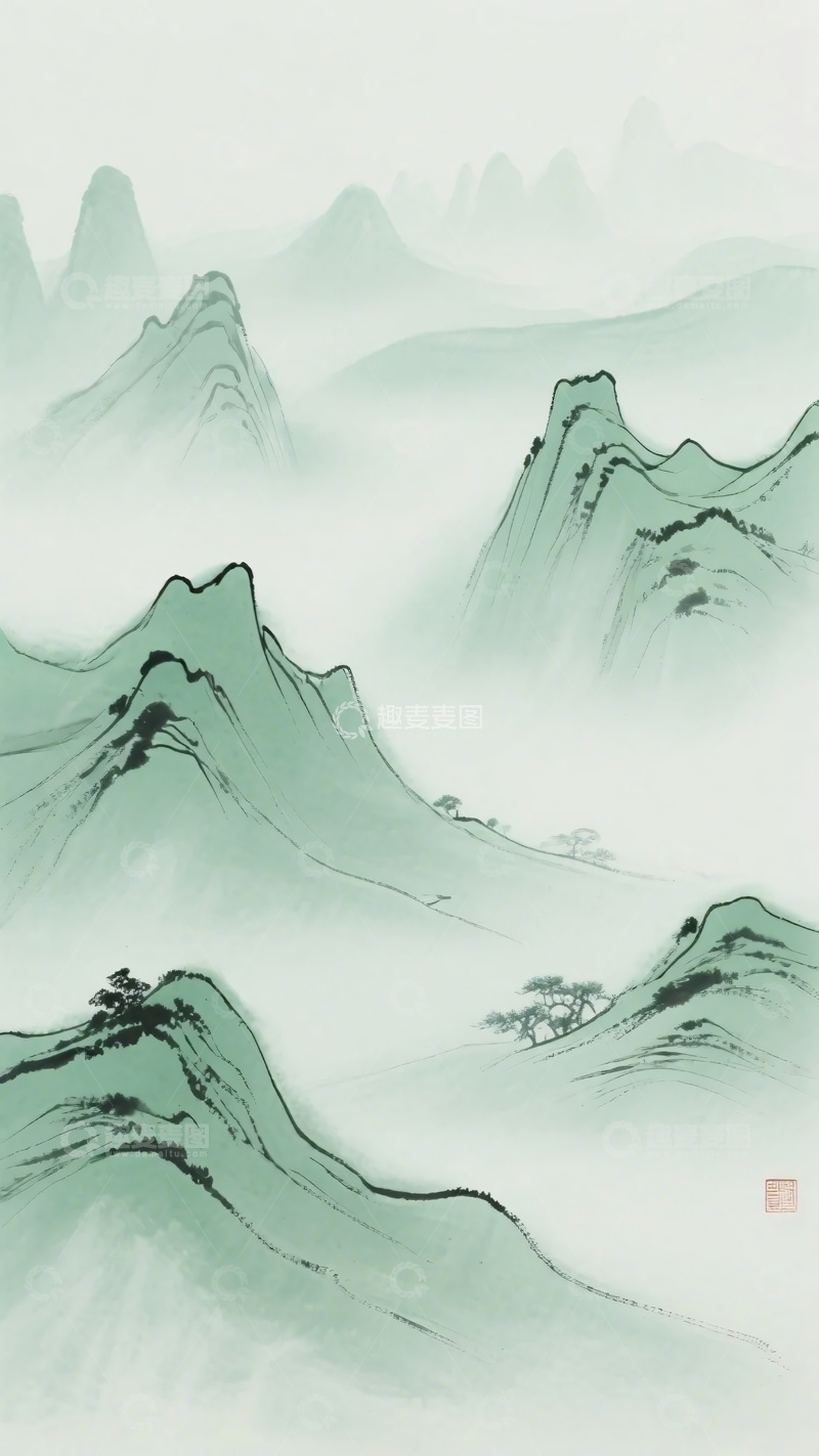 高清大图下载【趣麦麦图】-水墨风格青绿山水画作970