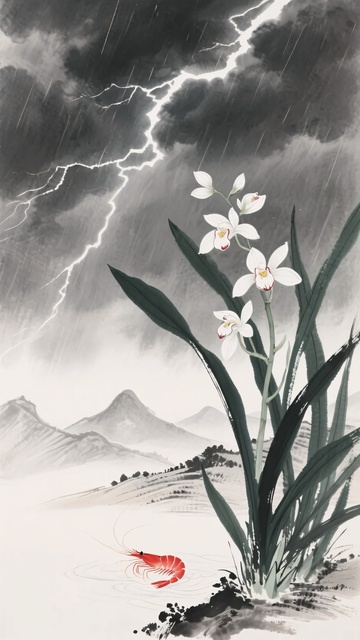 水墨兰花遇雷电山水景象328