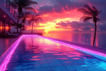 夕阳下带泳池的海滨美景734