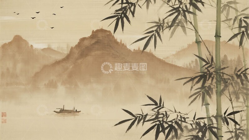 高清大图下载【趣麦麦图】-水墨风竹林山水意境画631