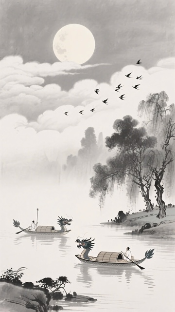 水墨月夜江景图302