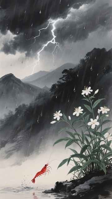 雷雨下的山间与红虾白花450