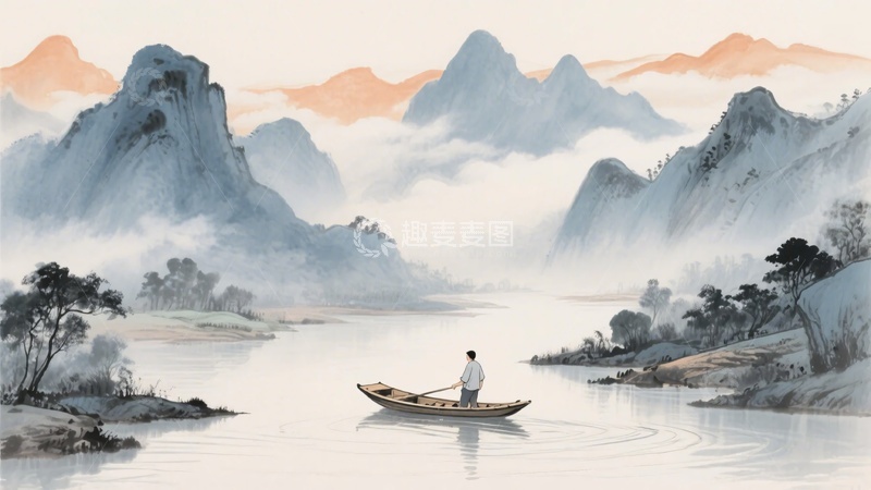 高清大图下载【趣麦麦图】-江上孤舟山水画183