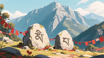 山间刻字巨石与经幡风景405