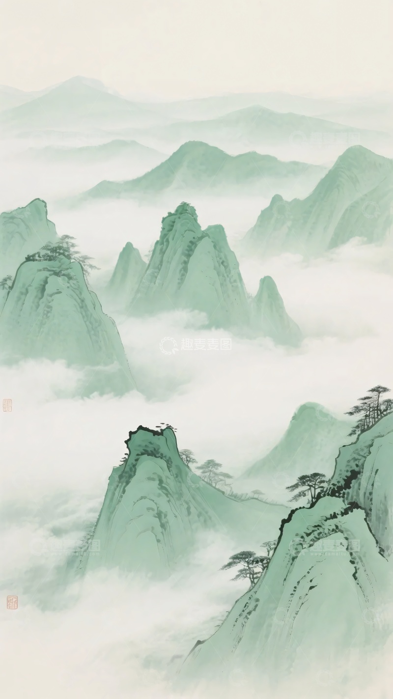 高清大图下载【趣麦麦图】-水墨风格青绿山峦景观489