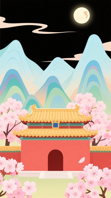 古风月夜下的宫殿与樱花598