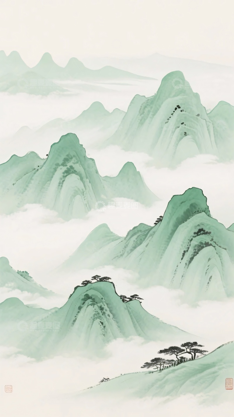 高清大图下载【趣麦麦图】-水墨风格青绿山水图景775