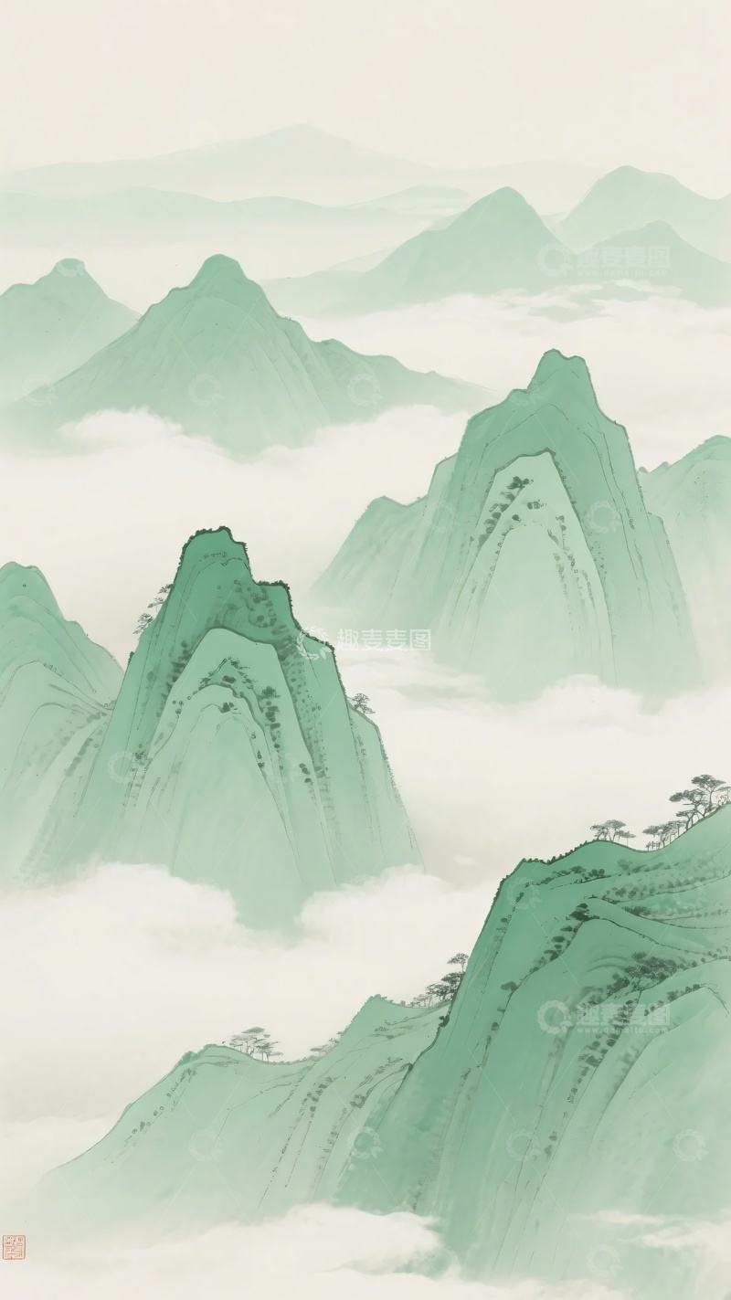 高清大图下载【趣麦麦图】-水墨风格青绿山水图景931