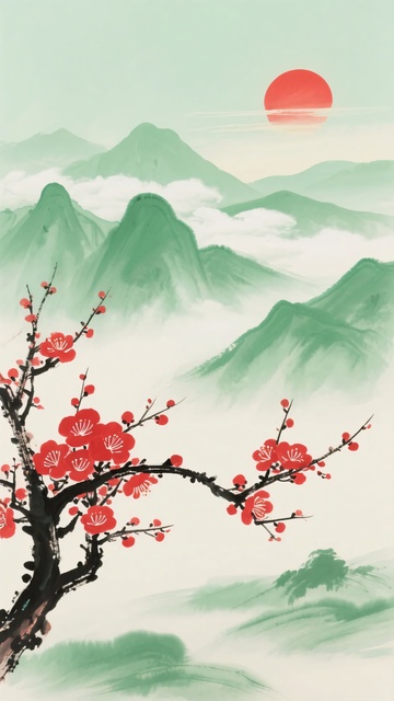 红梅映山景红日悬天际264