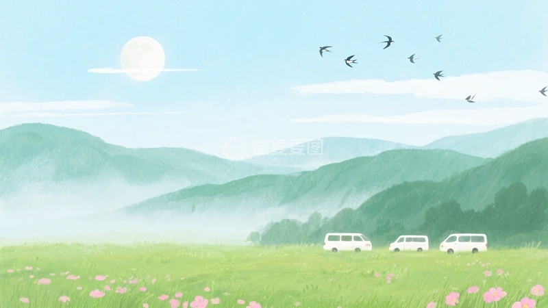 高清大图下载【趣麦麦图】-山间草地与车辆的清新风景272