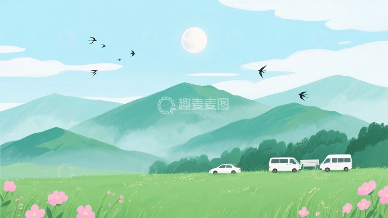 高清大图下载【趣麦麦图】-山间草地与车辆的清新景象563