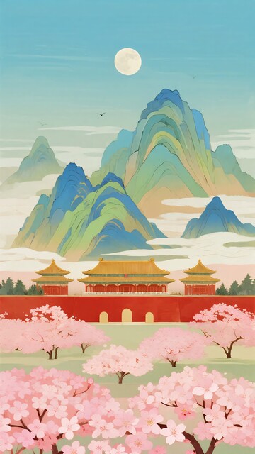 中式山水与宫殿樱花图景420