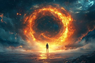 人立于奇幻火环前的宇宙景象538