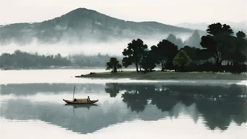 水墨风格山水湖面行舟景象011
