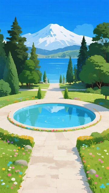 湖畔花园与雪山风景插画015