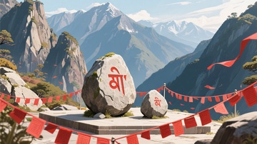 山间刻字巨石与经幡景观143