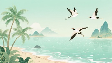 海边飞鸟与棕榈树风景图828