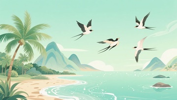 海边飞鸟与棕榈树风景插画574