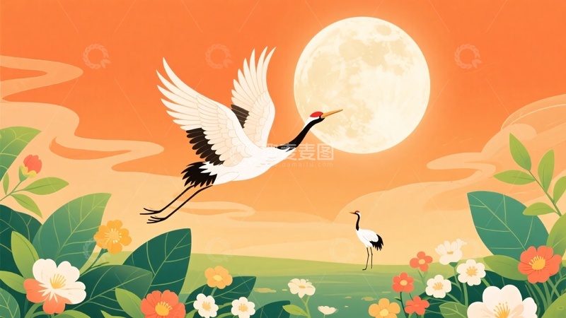 高清大图下载【趣麦麦图】-仙鹤伴月飞翔的自然图景284