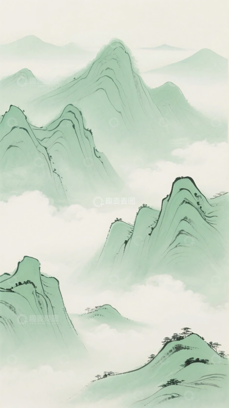 高清大图下载【趣麦麦图】-水墨风格青绿山水图662