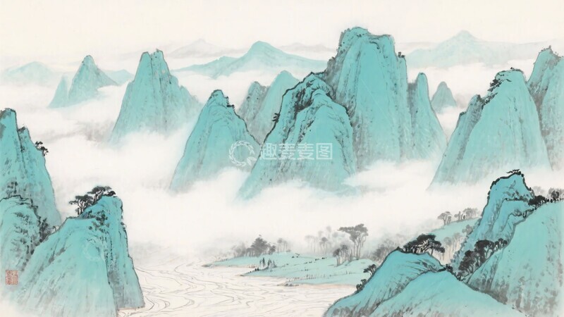高清大图下载【趣麦麦图】-中式山水青绿插画979