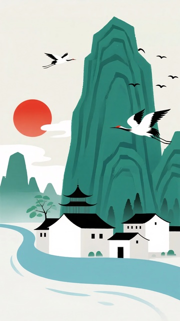 中式山水村落插画384