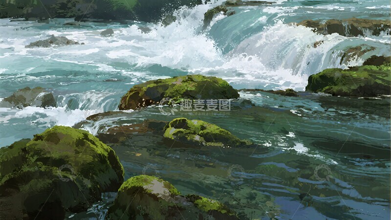 高清大图下载【趣麦麦图】-溪流中布满青苔的岩石景象766