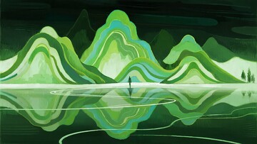 绿色山水插画风景023
