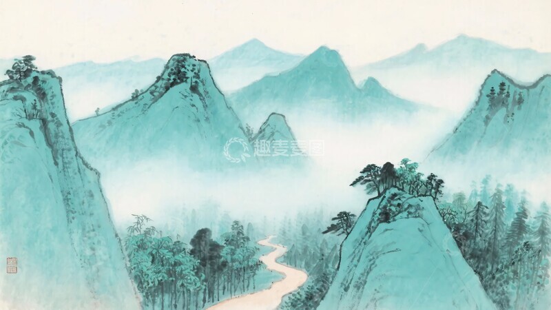 高清大图下载【趣麦麦图】-中式青绿山水风景画562