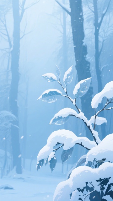 雪覆枝叶的冬日森林景象836