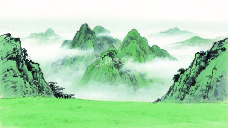 高清大图下载【趣麦麦图】-水墨风格青绿山水图景465
