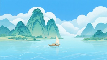 江上帆船与青山插画373