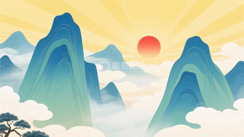 高清大图下载【趣麦麦图】-日出云海中的青绿山峰676