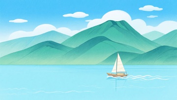 海上帆船与青山蓝天插画229