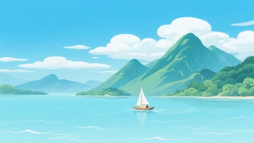 海上帆船与青山美景插画792