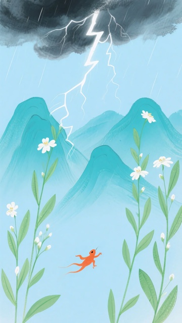雷电下山间飞翔的橙色小鸟536