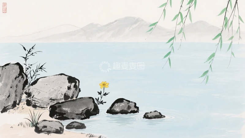 高清大图下载【趣麦麦图】-水墨山水湖畔花草景致722