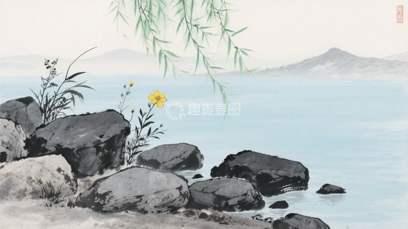 高清大图下载【趣麦麦图】-水墨山水间的石岸花草景致725