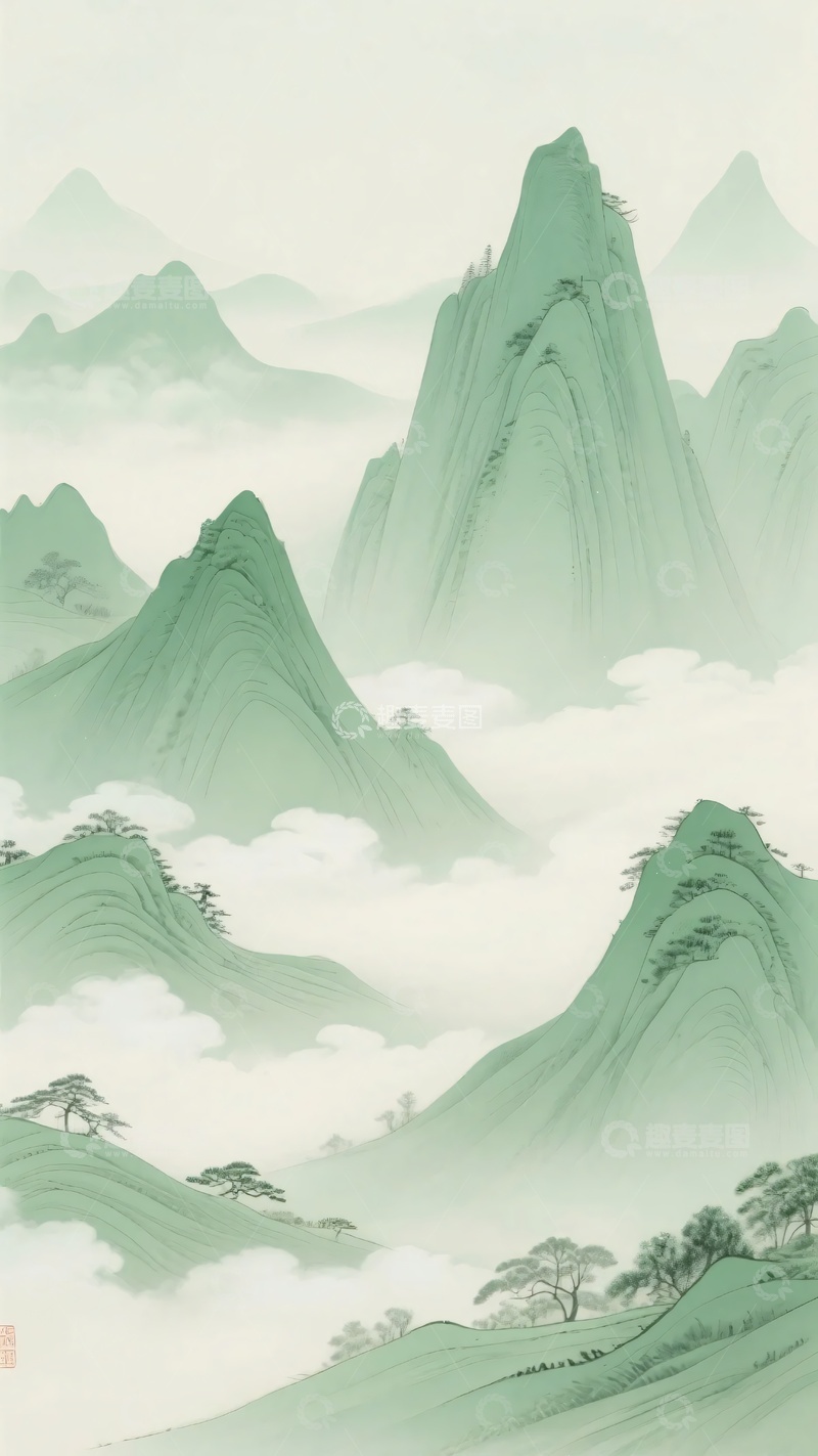 高清大图下载【趣麦麦图】-青绿山水意境插画215