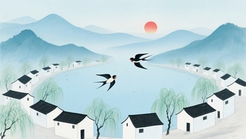 山水间村落与双燕插画323