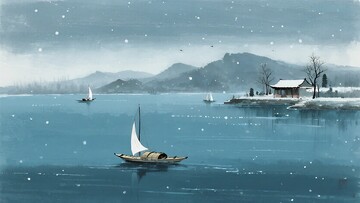 冬日湖景中的孤舟雪景232