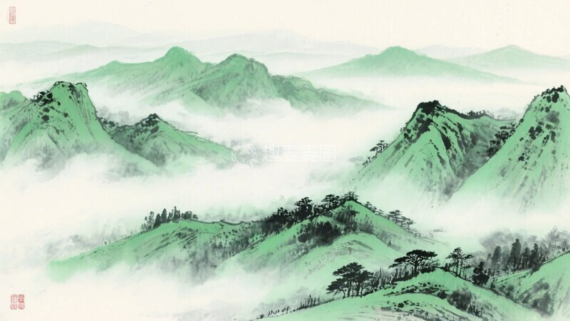 高清大图下载【趣麦麦图】-水墨青绿山水画作892