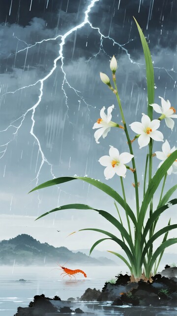 雨中绽放的白色花朵与闪电景观118