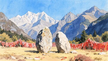 山间巨石与经幡的风景图919