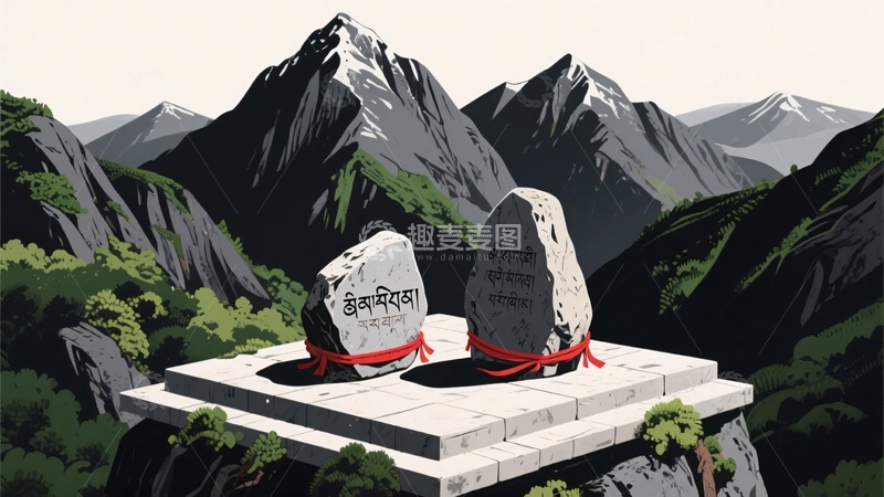 高清大图下载【趣麦麦图】-山间双石碑景观插画034